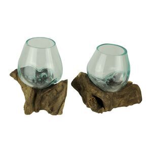 Molten Glass On Teak Driftwood Decorative Bowl Vase Terrarium Planter Set of 2